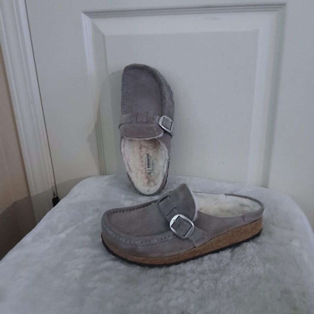 Birkenstock Buckley Shearling Suede Clogs Stone Coin Grey 38 Narrow Preppy Boho